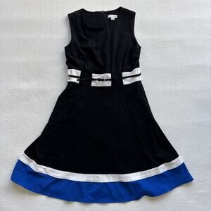 Calvin Klein Black Black Blue Sleeveless Fit‎ & Flare Dress 8 Belted Colorblock